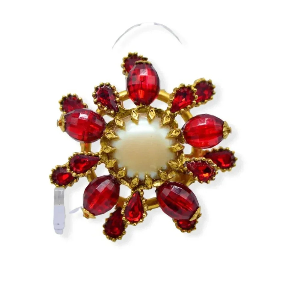 Red Prystal Faux Pearl Gold Tone 3D Three Dimensional Flower Vintage Brooch